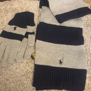 Polo by Ralph Lauren Kid’s Gray and Navy Blue Gloves and Scarf Set
